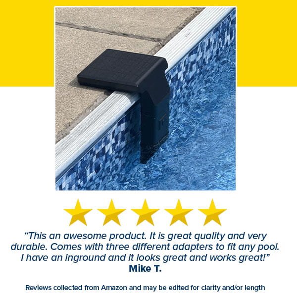 A Solar Pool Light for inground & above ground pools is attached to a tiled pool edge. Below, Mike T.’s five-star review highlights its quality, durability, and perfect fit for any pool.