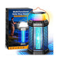 The Solar Bug Zapper With Collapsible Light glows blue and offers multifunctional mosquito protection for indoor and outdoor use. Packaging shows outdoor use by a lake at sunset, emphasizing versatile pest control.