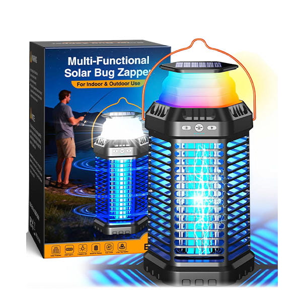 The Solar Bug Zapper With Collapsible Light glows blue and offers multifunctional mosquito protection for indoor and outdoor use. Packaging shows outdoor use by a lake at sunset, emphasizing versatile pest control.