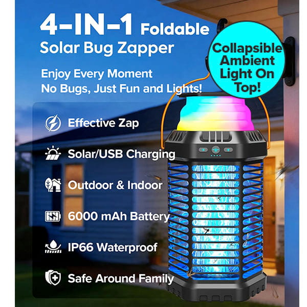 A promotional image of the Solar Bug Zapper With Collapsible Light features icons and text highlighting mosquito protection, solar/USB charging, 6000mAh battery, waterproof rating, colorful ambient light, and family-safe outdoor pest control.