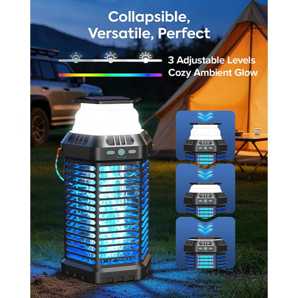 The Solar Bug Zapper With Collapsible Light emits blue light near a tent and SUV, providing mosquito protection. Text highlights “Collapsible, Versatile, Perfect,” and “3 Adjustable Levels, Cozy Ambient Glow,” with images of its adjustable height.