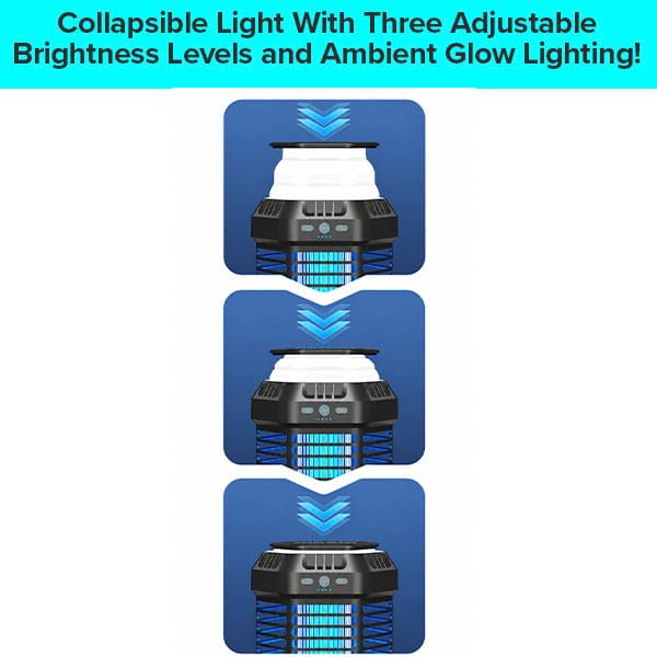 Solar Bug Zapper With Collapsible Light, shown in three images with decreasing brightness and blue arrows for adjustment. Perfect for mosquito protection, the text highlights adjustable brightness and ambient glow lighting.