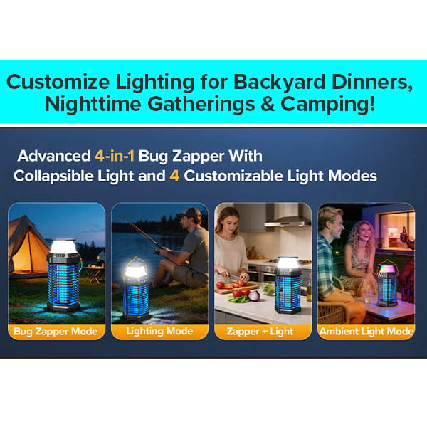 Promotional graphic for the Solar Bug Zapper With Collapsible Light, offering four outdoor pest control modes: Bug Zapper, Lighting, Combo, and Ambient. Ideal for mosquito protection while camping, dining outdoors, or relaxing indoors.