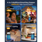 Four images show the Solar Bug Zapper With Collapsible Light on a patio, campsite, bedroom, and kitchen, highlighting its lighting modes and up to 15 hours of mosquito protection for versatile indoor and outdoor pest control.