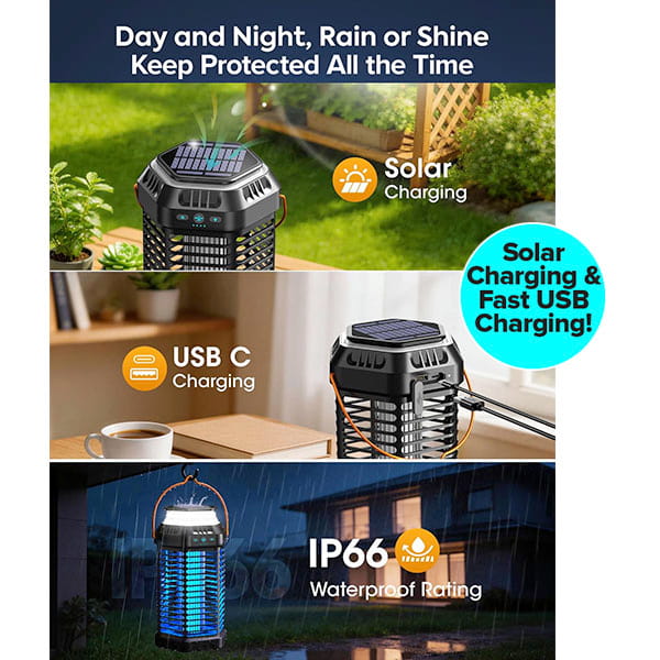 The Solar Bug Zapper With Collapsible Light charges via sunlight or USB-C and shines brightly in the rain. Enjoy mosquito protection, solar/USB charging options, and an IP66 rating for dependable outdoor pest control in all weather conditions.