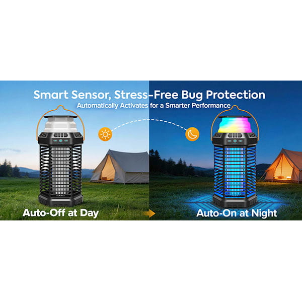The Solar Bug Zapper With Collapsible Light is shown by tents, offering mosquito protection and outdoor pest control. Its smart sensor automatically turns the device off during the day and on at night.