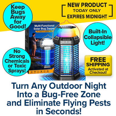 Introducing the Solar Bug Zapper With Collapsible Light for effective mosquito protection! Eliminates flying pests without chemicals, features a foldable light, and includes free shipping—your essential outdoor pest control solution.