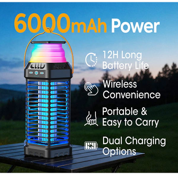 The Solar Bug Zapper With Collapsible Light sits outdoors, offering mosquito protection with 6000 mAh power, up to 12-hour battery life, dual charging, wireless use, portability, and colorful light for effective outdoor pest control.