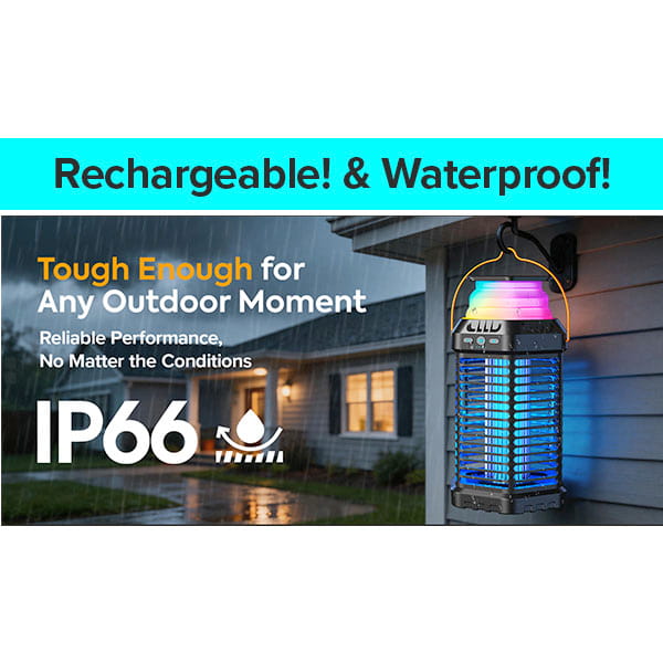 A Solar Bug Zapper With Collapsible Light glows outside a house in heavy rain at night; text reads Rechargeable! & Waterproof!, Tough Enough for Any Outdoor Moment, and features an IP66 waterproof rating for top mosquito protection.