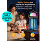 A woman and a girl sit on a couch with a small white dog, smiling by the glowing Solar Bug Zapper With Collapsible Light. Text highlights its protective safety gap and odor-free mosquito protection, keeping everyone safe.