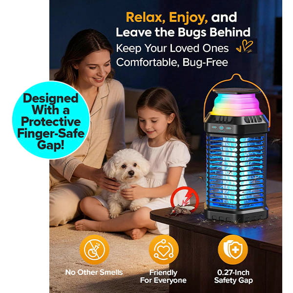 A woman and a girl sit on a couch with a small white dog, smiling by the glowing Solar Bug Zapper With Collapsible Light. Text highlights its protective safety gap and odor-free mosquito protection, keeping everyone safe.