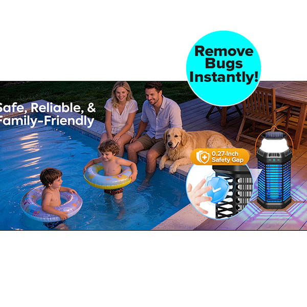 A family with two kids and a dog relaxes by the pool at dusk. The children swim with float rings while a Solar Bug Zapper With Collapsible Light, labeled Remove Bugs Instantly!, provides mosquito protection with its 0.27-inch safety gap.