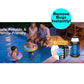 A family with two kids and a dog relaxes by the pool at dusk. The children swim with float rings while a Solar Bug Zapper With Collapsible Light, labeled Remove Bugs Instantly!, provides mosquito protection with its 0.27-inch safety gap.