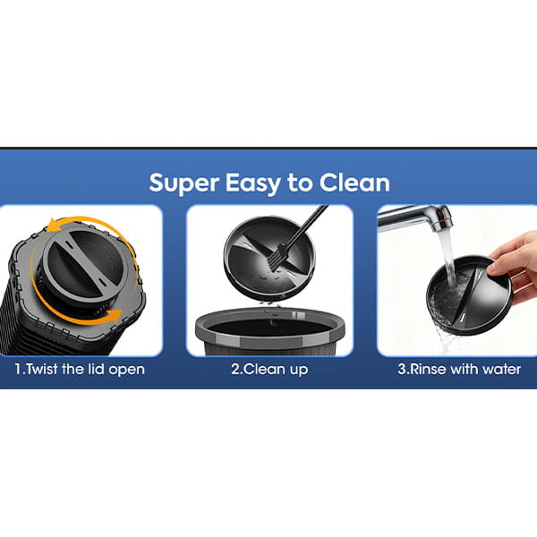 Super Easy to Clean: Instructional graphic shows how to clean your Solar Bug Zapper With Collapsible Light—1) Twist the lid open, 2) Brush out debris, 3) Rinse lid under a faucet.