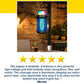 A five-star review praises the Solar Bug Zapper With Collapsible Light, shown in black with a glowing blue-purple light above a patio table and coffee cup by a brick wall and plants, for its mosquito protection and easy cleaning.