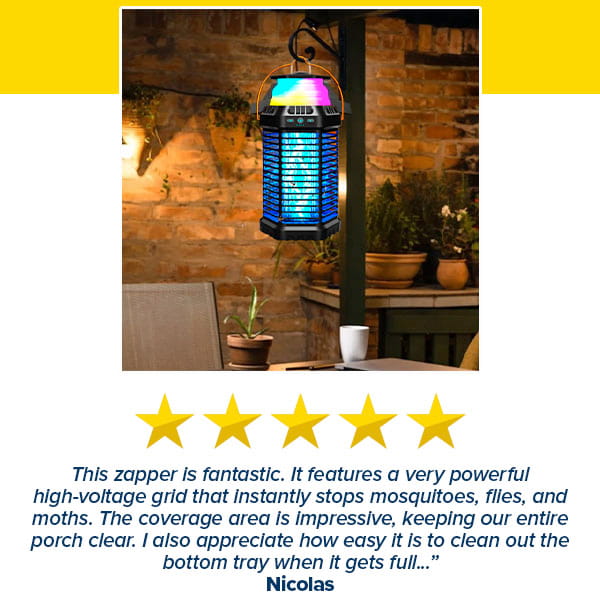 A five-star review praises the Solar Bug Zapper With Collapsible Light, shown in black with a glowing blue-purple light above a patio table and coffee cup by a brick wall and plants, for its mosquito protection and easy cleaning.