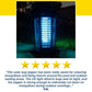 The Solar Bug Zapper With Collapsible Light shines blue at night for powerful patio pest control; see its five-star rating and a customer review praising mosquito protection and effectiveness on flying insects.