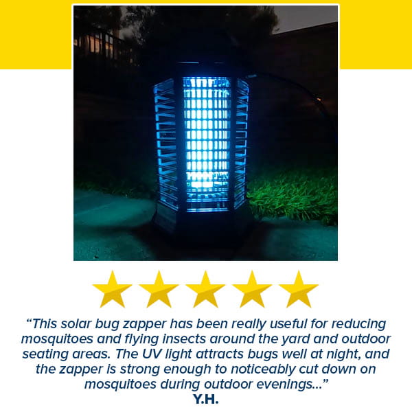 The Solar Bug Zapper With Collapsible Light shines blue at night for powerful patio pest control; see its five-star rating and a customer review praising mosquito protection and effectiveness on flying insects.
