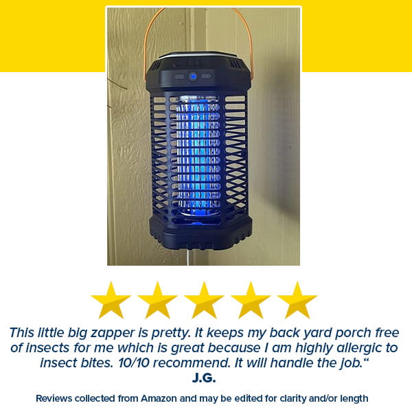 The Solar Bug Zapper With Collapsible Light, featuring a blue light, hangs on a beige wooden wall. Five yellow stars and a customer review praise its excellent outdoor pest control and strong mosquito protection.