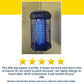 The Solar Bug Zapper With Collapsible Light, featuring a blue light, hangs on a beige wooden wall. Five yellow stars and a customer review praise its excellent outdoor pest control and strong mosquito protection.