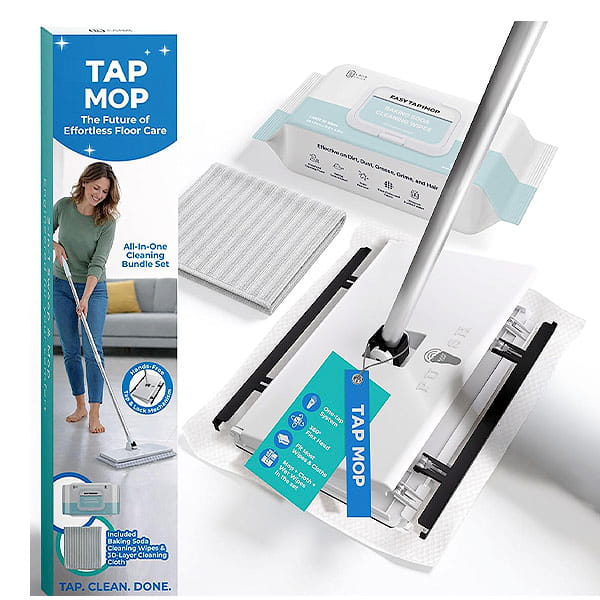 Tap Mop cleaning kit includes a mop, cleaning pad, wipes, and packaging featuring an image of a woman mopping the floor. It offers a convenient foot tap-lock system for easy operation and is compatible with Swiffer pads for greater versatility. The packaging displays the text: “TAP MOP: The Future of Effortless Floor Care.”.