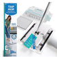 Tap Mop cleaning kit includes a mop, cleaning pad, wipes, and packaging featuring an image of a woman mopping the floor. It offers a convenient foot tap-lock system for easy operation and is compatible with Swiffer pads for greater versatility. The packaging displays the text: “TAP MOP: The Future of Effortless Floor Care.”.