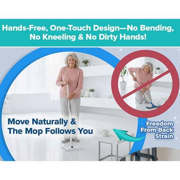 An older woman uses the Tap Mop in a bright room. Text promotes its hands-free, one-touch design with a convenient foot tap-lock system that eliminates the need to bend or kneel, highlighting ease of use and relief from back strain.