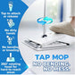 A person uses their foot to press the Tap Mop, demonstrating its hands-free design. Text highlights key features: tap to attach, keeps hands clean, eliminates bending, and has a 360° rotating head. Experience effortless cleaning with the Tap Mop—NO BENDING. NO MESS.—displayed prominently in bold font. The design features a blue and white color scheme throughout.