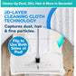 The Tap Mop, featuring a white cleaning pad, is displayed on a tile floor as it efficiently lifts dust and hair. Text highlights the Tap Mop’s double-sided pad, advanced cleaning cloth technology, and hands-free design with a foot tap-lock system for effortless operation.