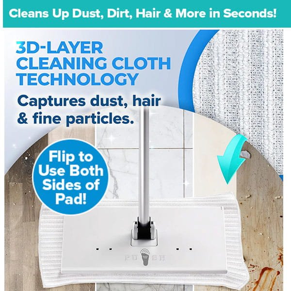 The Tap Mop, featuring a white cleaning pad, is displayed on a tile floor as it efficiently lifts dust and hair. Text highlights the Tap Mop’s double-sided pad, advanced cleaning cloth technology, and hands-free design with a foot tap-lock system for effortless operation.
