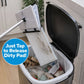Using its convenient foot tap-lock system, the Tap Mop allows you to release a dirty pad hands-free into a kitchen trash can. A blue circle highlights the message, “Just Tap to Release Dirty Pad!” while trash and packaging are visible in the bin below.
