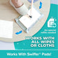 A person wearing slippers uses the Tap Mop with a cloth on a wooden floor. Text reads, Works with all wipes or cloths—no special refills needed. The Tap Mop features a convenient hands-free foot tap-lock system and is compatible with Swiffer!.