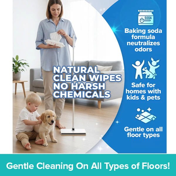 A woman uses Tap Mop compatible floor wipes while a child and dog play nearby. Text highlights the baking soda formula, safety for homes with kids and pets, and suitability for all floor types. Banner reads: Gentle Cleaning On All Types of Floors!.