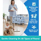 A woman uses Tap Mop compatible floor wipes while a child and dog play nearby. Text highlights the baking soda formula, safety for homes with kids and pets, and suitability for all floor types. Banner reads: Gentle Cleaning On All Types of Floors!.