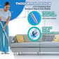 A woman uses the Tap Mop on a wooden floor in a living room. Text highlights the Tap Mop’s twist-lock handle joint, 360° swivel rotation head for easy cleaning around furniture and in tight spaces, and its convenient foot tap-lock system for effortless setup.