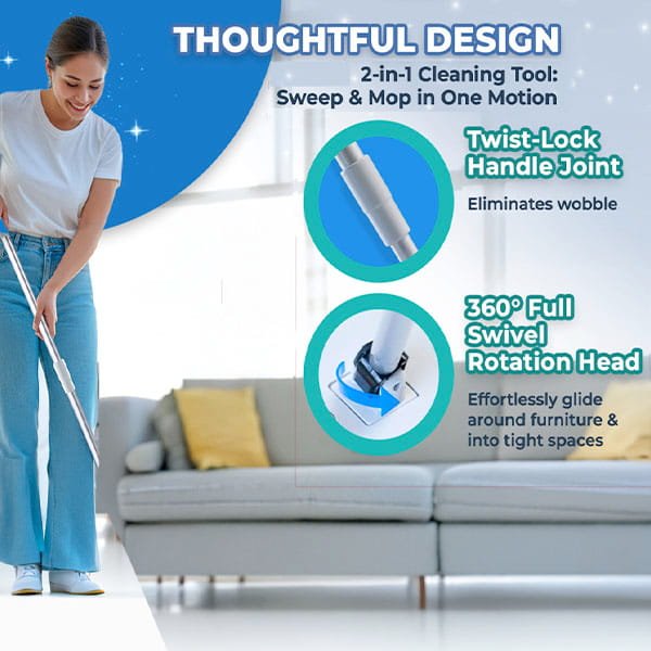 A woman uses the Tap Mop on a wooden floor in a living room. Text highlights the Tap Mop’s twist-lock handle joint, 360° swivel rotation head for easy cleaning around furniture and in tight spaces, and its convenient foot tap-lock system for effortless setup.