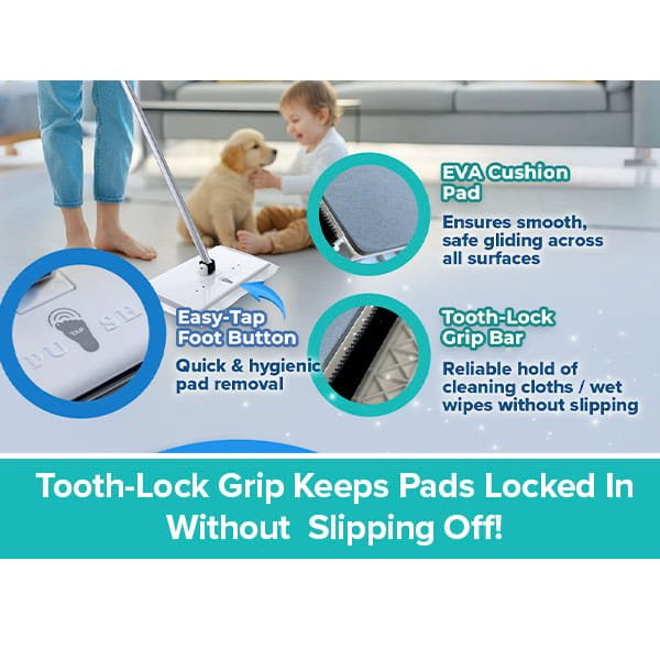 A child and dog play in a living room; inset images display the Tap Mop’s Swiffer-compatible EVA cushion pad, quick-release foot button, and grip bar. Text spotlights the Tap Mop's secure grip, hands-free operation, and simple pad removal with its convenient foot tap-lock system.