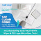 A person uses the white Tap Mop hands-free on a floor, with baking-soda-infused wet wipes, a 3D microfiber dry cloth, and packaging nearby. Text highlights the effortless cleaning provided by these features. The convenient foot tap-lock system allows for quick and easy switching between Swiffer-compatible pads.