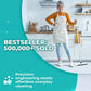 A smiling woman in an apron stands in a modern kitchen holding a Tap Mop. Text reads “BESTSELLER: 500,000+ SOLD” and “Precision engineering meets effortless everyday cleaning with a foot tap-lock system.”.