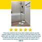 A Tap Mop in white stands upright and hands-free beside a bathtub in a bathroom. Below it, a five-star rating and customer review praise its easy use and absence of strong scents. The review is signed by Julie S.