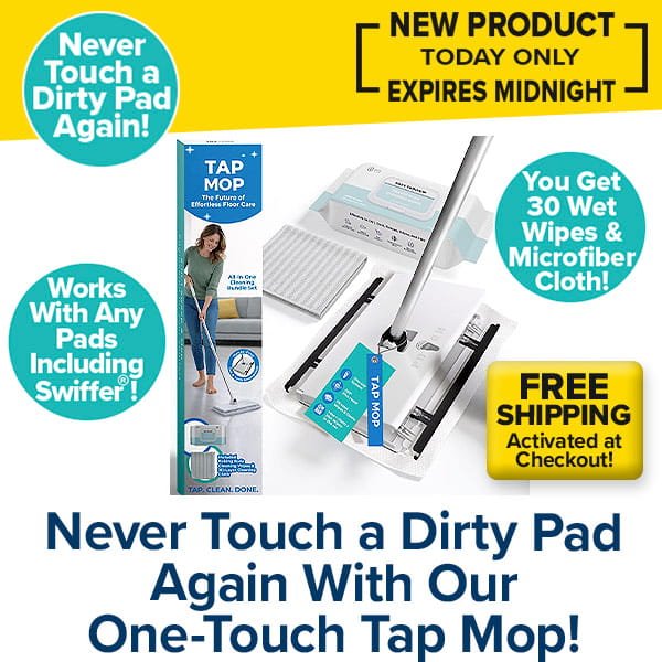 Introducing the Tap Mop, featuring a pioneering foot tap-lock system for truly hands-free operation. Compatible with Swiffer pads, the Tap Mop makes cleaning effortless and efficient. Each package includes versatile mop pads and bonus wipes, with packaging showcasing a woman easily cleaning her floors using the Tap Mop. Enjoy free shipping and take advantage of our limited-time offer—experience hassle-free floor care today!.