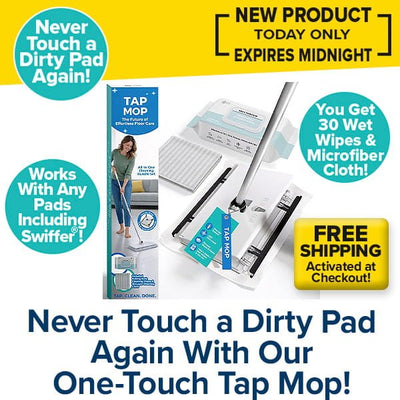 Introducing the Tap Mop, featuring a pioneering foot tap-lock system for truly hands-free operation. Compatible with Swiffer pads, the Tap Mop makes cleaning effortless and efficient. Each package includes versatile mop pads and bonus wipes, with packaging showcasing a woman easily cleaning her floors using the Tap Mop. Enjoy free shipping and take advantage of our limited-time offer—experience hassle-free floor care today!.