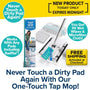 Introducing the Tap Mop, featuring a pioneering foot tap-lock system for truly hands-free operation. Compatible with Swiffer pads, the Tap Mop makes cleaning effortless and efficient. Each package includes versatile mop pads and bonus wipes, with packaging showcasing a woman easily cleaning her floors using the Tap Mop. Enjoy free shipping and take advantage of our limited-time offer—experience hassle-free floor care today!.