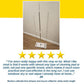 A Tap Mop in white stands hands-free against a beige wall on a wooden floor. Below are five gold stars and a positive customer review highlighting its versatility, cost-effectiveness, Swiffer compatible design, and its ability to use various wipes.