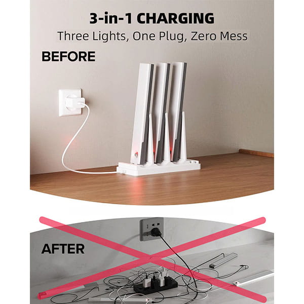 See how the 3-Pack Under Cabinet Lighting With Charging Station transforms device charging: Before—tidy station with three lights, one plug, no mess; After—cluttered cables and multiple devices tangled together.
