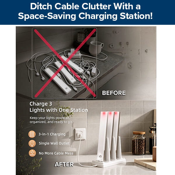 A promo image shows tangled cables labeled BEFORE and a neat 3-Pack Under Cabinet Lighting With Charging Station labeled AFTER, highlighting organized, mess-free charging for three devices—ideal for a tidy workspace.
