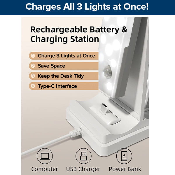 The 3-Pack Under Cabinet Lighting With Charging Station features a white USB charging hub with three LED lights, a Type-C port, and an included USB cable—ideal for powering multiple lights at once while saving space and keeping your desk organized.