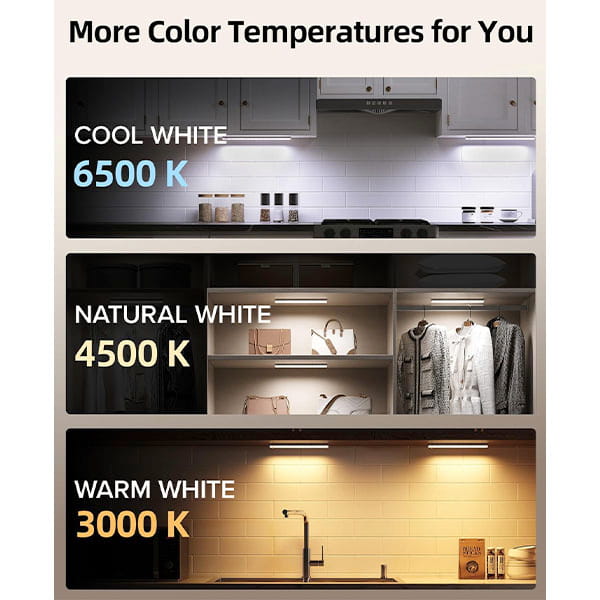 Three examples for kitchen lighting: the 3-Pack Under Cabinet Lighting With Charging Station in cool white (6500K), natural white (4500K) for cabinets, and warm white (3000K) to brighten shelves or countertops.