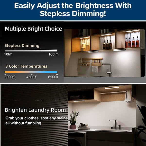 Promoting the 3-Pack Under Cabinet Lighting With Charging Station: stepless dimming, 3 color temperatures (3000K, 4500K, 6500K), perfect for kitchen and laundry rooms. Adjustable brightness enhances modern spaces.