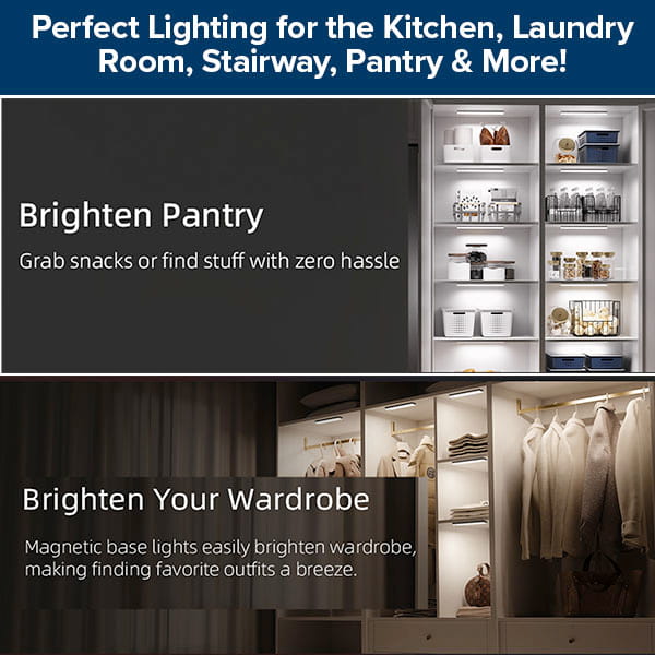 Promotional graphic of tidy pantries and wardrobes with bright lighting, highlighting 3-Pack Under Cabinet Lighting With Charging Station—ideal for kitchens, pantries, or wardrobes to make items easier to find and select.